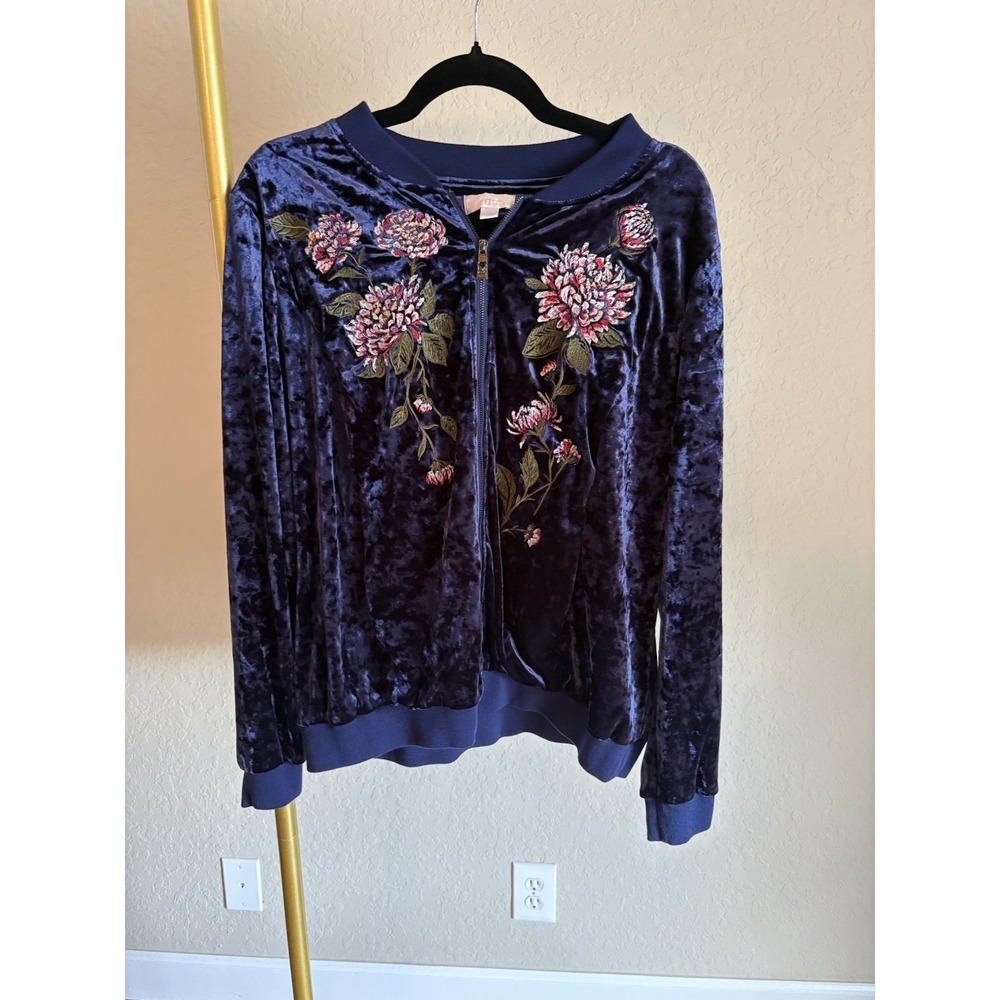 Women's Crushed Velvet Embroidered Floral Bomber Jacket Size L Whimsigoth Y2K